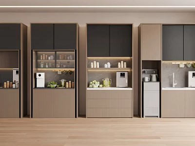 Modern Sideboard With Dark Light Doors Glass Panels Built In Appliances And Interior Lighting 3d model