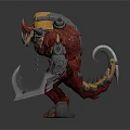 Fierce Mythical Warrior Creature With Red Body Yellow Black Armor And Silver Claw Weapons