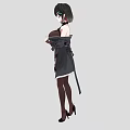 Woman With Black Short Hair Red Eyes Wearing Off Shoulder Top Black Coat And Heels