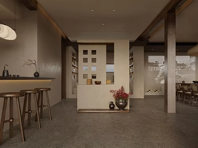 Traditional Modern Hotel Lobby Interior With Wooden Bar Stools Red Flowers And Pendant Light 3d model