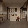 Traditional Modern Hotel Lobby Interior With Wooden Bar Stools Red Flowers And Pendant Light
