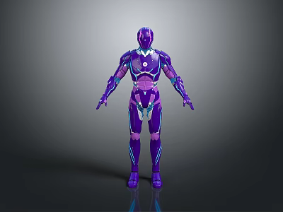 Futuristic Purple Robot Character With Blue Accent Lines In Standing Pose 3d model