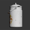 White Floral Pattern Milk Can With Wooden Grip Handle And Red Yellow Flowers
