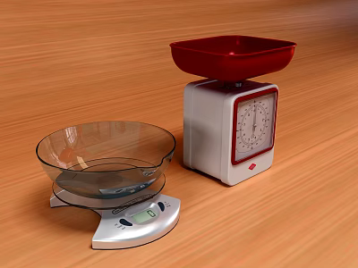 Commercial Kitchen Weighing Scales With Mechanical Red Bowl And Digital Glass Bowl On Wooden Tabletop 3d model