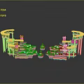 3D Model Commercial Building with Curved Tops Multiple Stalls Red Orange Blue White Symmetrical Layout