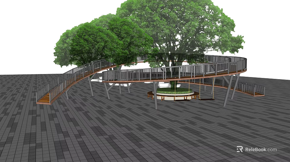 Curved Wooden Outdoor Staircase With Large Trees And Paved Ground Connecting Areas 3d model 