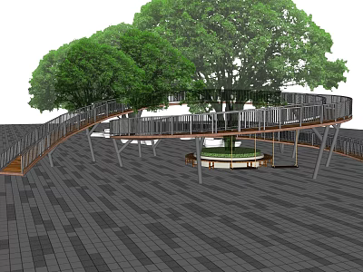 Curved Wooden Outdoor Staircase With Large Trees And Paved Ground Connecting Areas 3d model