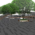 Curved Wooden Outdoor Staircase With Large Trees And Paved Ground Connecting Areas