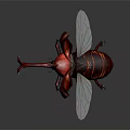 Red Beetle Sculpture With Large Forelegs Transparent Wings And Shiny Metallic Body