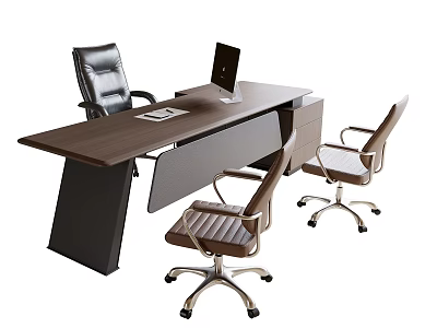 Modern Office Desk with Wooden Top Computer Monitor and Three Rolling Leather Office Chairs 3d model