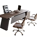 Modern Office Desk with Wooden Top Computer Monitor and Three Rolling Leather Office Chairs