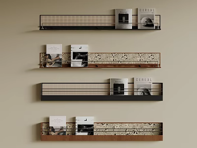Stylish Multi Tiered Bookshelf With Metal Frame And Wooden Shelves Holding Decorative Books 3d model