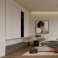 Modern Minimalist Bedroom Interior Design With Bed Artwork Rug And Accent Chair