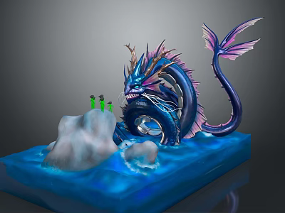 Blue Dragon Sculpture With Purple Wings Tail And Green Decorations On Rock Water Base 3d model