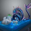 Blue Dragon Sculpture With Purple Wings Tail And Green Decorations On Rock Water Base