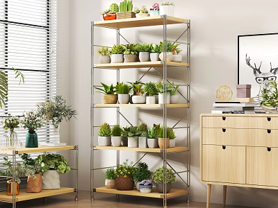 Modern Multi-tier Metal Shelves with Wooden Boards Holding Green Plant Pots for Indoor Decor 3d model