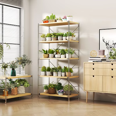 Modern Multi-tier Metal Shelves with Wooden Boards Holding Green Plant Pots for Indoor Decor 3d model