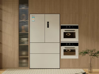 Modern Luxurious Kitchen Sideboard With Wooden Wall Refrigerator Oven And Green Plant 3d model