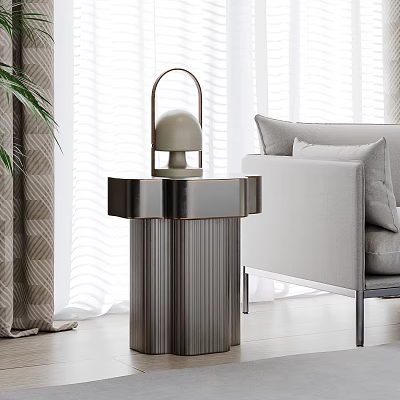 Modern Side Table With Textured Metal Base And Table Lamp In Living Room 3d model