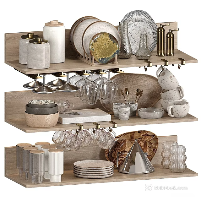 Modern Ceramic Glass And Wooden Tableware Set With Plates Cups Bowls On Multi Layer Storage Shelf 3d model 