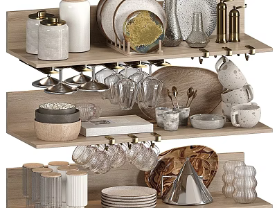 Modern Ceramic Glass And Wooden Tableware Set With Plates Cups Bowls On Multi Layer Storage Shelf 3d model