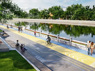Scenic Riverfront Park Pathway With Bicycle Lane Greenery And People Activities 3d model