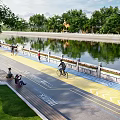 Scenic Riverfront Park Pathway With Bicycle Lane Greenery And People Activities