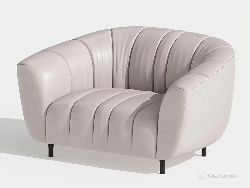 Modern Light Gray Leather Single Sofa With Curved Armrest Tufted Back Black Legs 3d model 