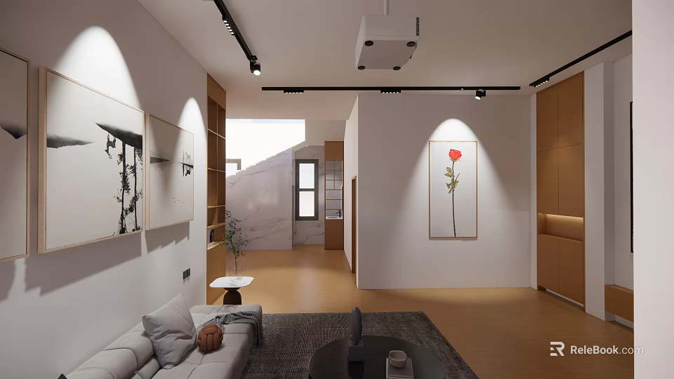 Modern Minimalist Living Room With Track Lighting Decorative Artworks And Warm Cozy Home Furnishings 3d model 