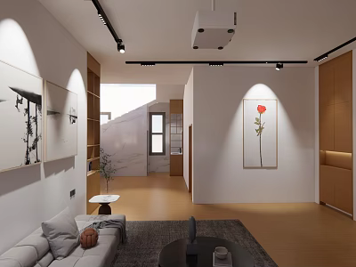 Modern Minimalist Living Room With Track Lighting Decorative Artworks And Warm Cozy Home Furnishings 3d model