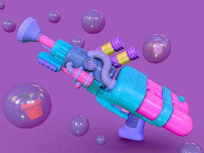 Colorful Bubble Gun Toy With Pink Blue Design And Transparent Bubbles On Purple Background 3d model