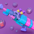 Colorful Bubble Gun Toy With Pink Blue Design And Transparent Bubbles On Purple Background