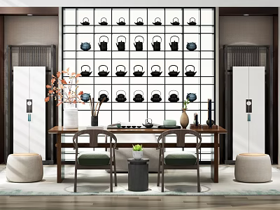 Traditional Chinese Tea Table and Chairs with Round Stools Decorative Plants and Tea Sets 3d model