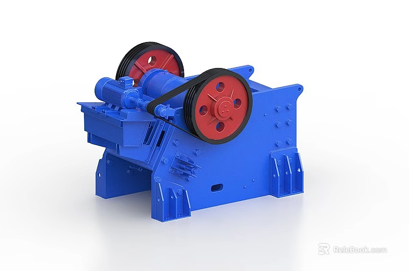 Blue Industrial Jaw Crusher With Red Pulleys And Metal Frame Structure 3d model 