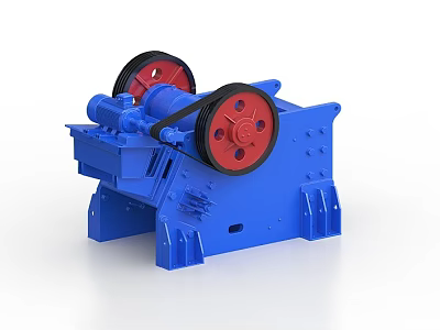 Blue Industrial Jaw Crusher With Red Pulleys And Metal Frame Structure 3d model