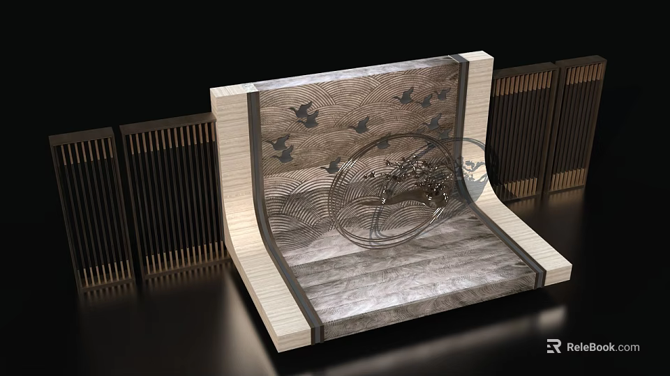 Modern Feature Wall Design With Stone Texture Bird Motifs Wooden Frame And Vertical Screens 3d model 