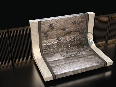 Modern Feature Wall Design With Stone Texture Bird Motifs Wooden Frame And Vertical Screens 3d model