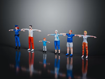 Multiple People Standing with Arms Outstretched on Reflective Surface Including Police Child and Elderly 3d model