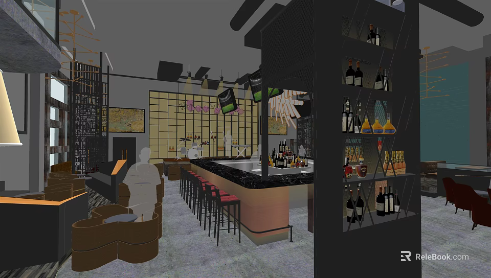 Modern Bar Interior With Stylish Counter High Stools Wine Bottle Display And Ambient Lighting 3d model 