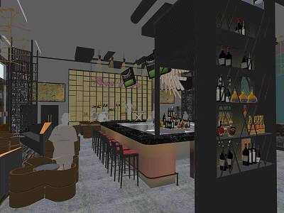 Modern Bar Interior With Stylish Counter High Stools Wine Bottle Display And Ambient Lighting 3d model