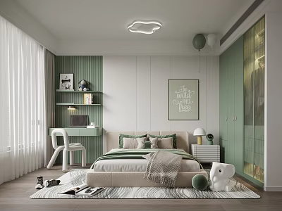 Cozy Modern Kids Room With Green And White Decor Bookshelf Desk Bed And Stuffed Toy 3d model