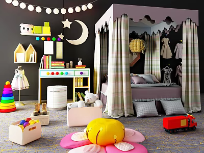 Playful Children's Bed with Canopy Plaid Curtains Stuffed Bear and Colorful Toys 3d model