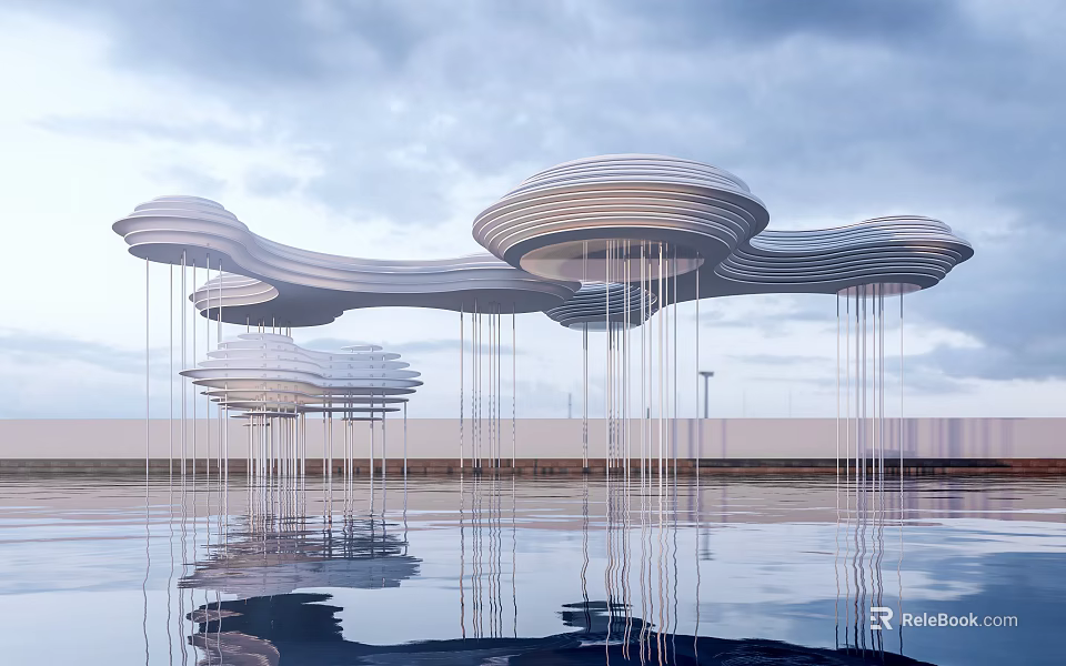 Modern Architectural Flowing White Cloud Like Structures With Slender Pillars And Water Reflection 3d model 