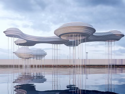 Modern Architectural Flowing White Cloud Like Structures With Slender Pillars And Water Reflection 3d model