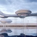 Modern Architectural Flowing White Cloud Like Structures With Slender Pillars And Water Reflection 3d model