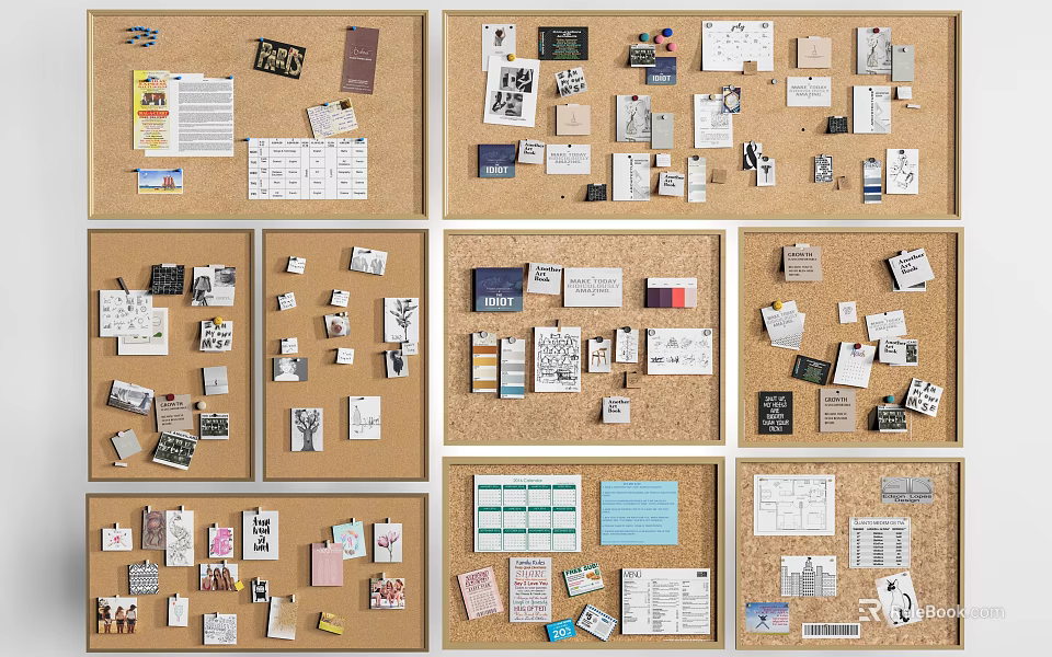 Creative Cork Boards With Various Papers Notes And Collage Elements 3d model 