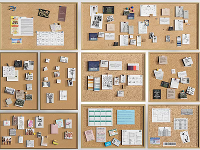Creative Cork Boards With Various Papers Notes And Collage Elements 3d model