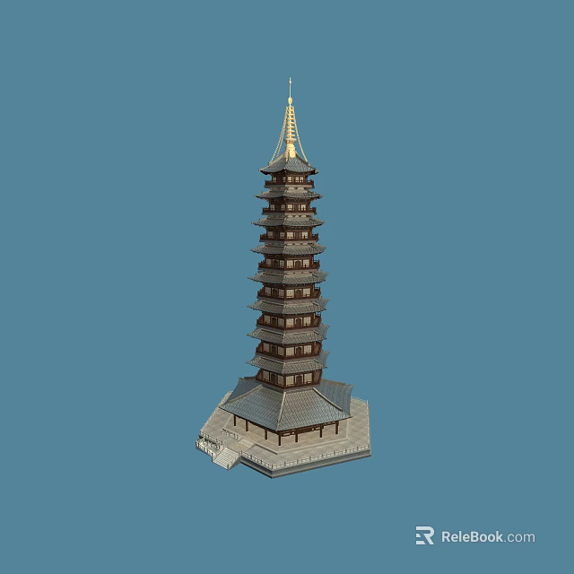 Traditional Chinese Pagoda With Multiple Tiers Golden Spire And Stone Base 3d model 