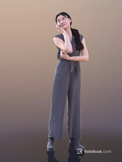 Woman Wearing Sleeveless Gray Jumpsuit Standing With Hands Near Neck Against Brown Background 3d model 