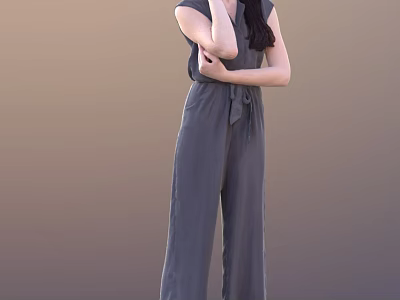 Woman Wearing Sleeveless Gray Jumpsuit Standing With Hands Near Neck Against Brown Background 3d model